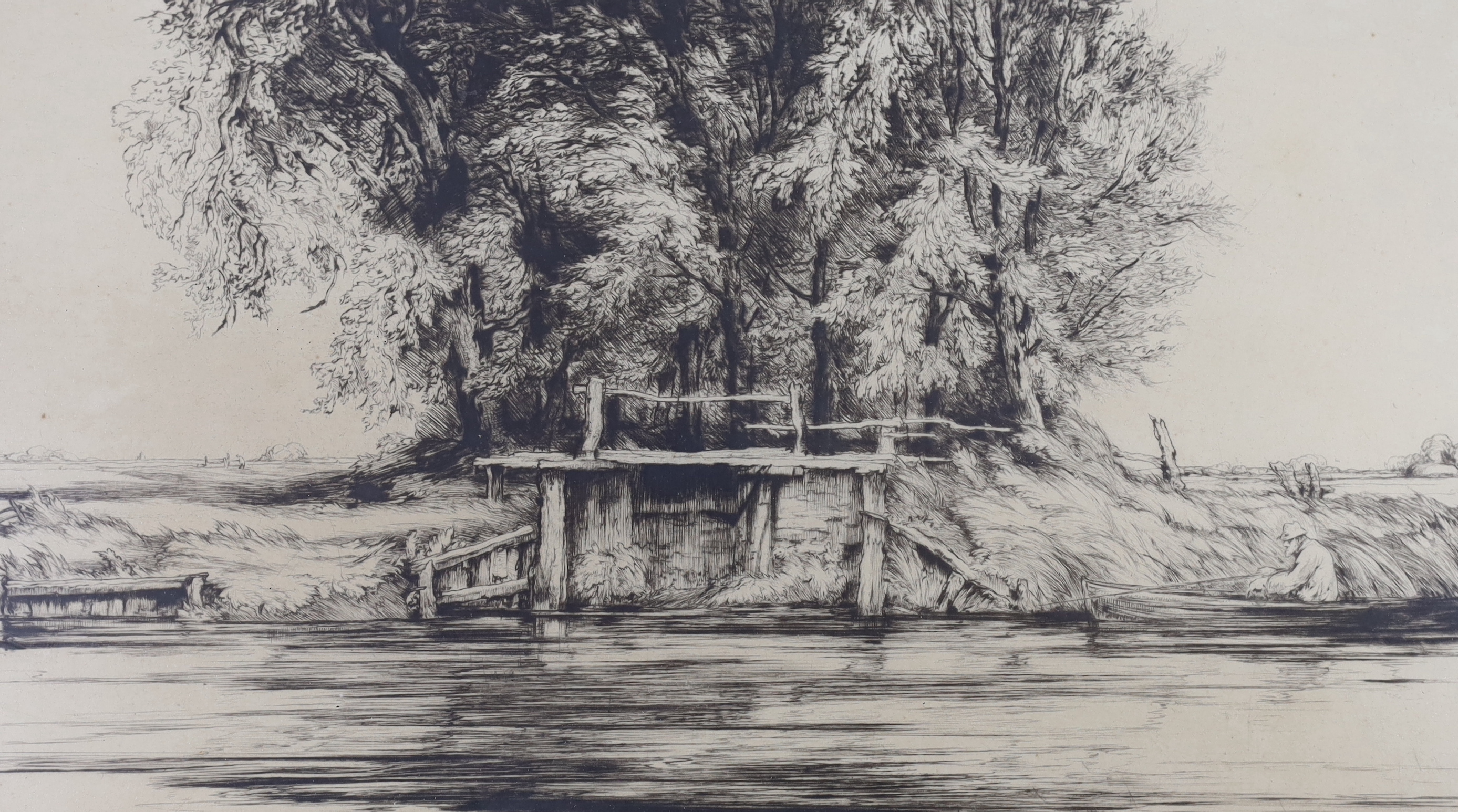 Three drypoint etchings, John Fullwood, 'Laleham-on-Thames', 14 x 18.5cm, and Loch Gates, dated 1923, 20 x 35cm and Harlech Castle by other hands, ...? 24 x 26cm